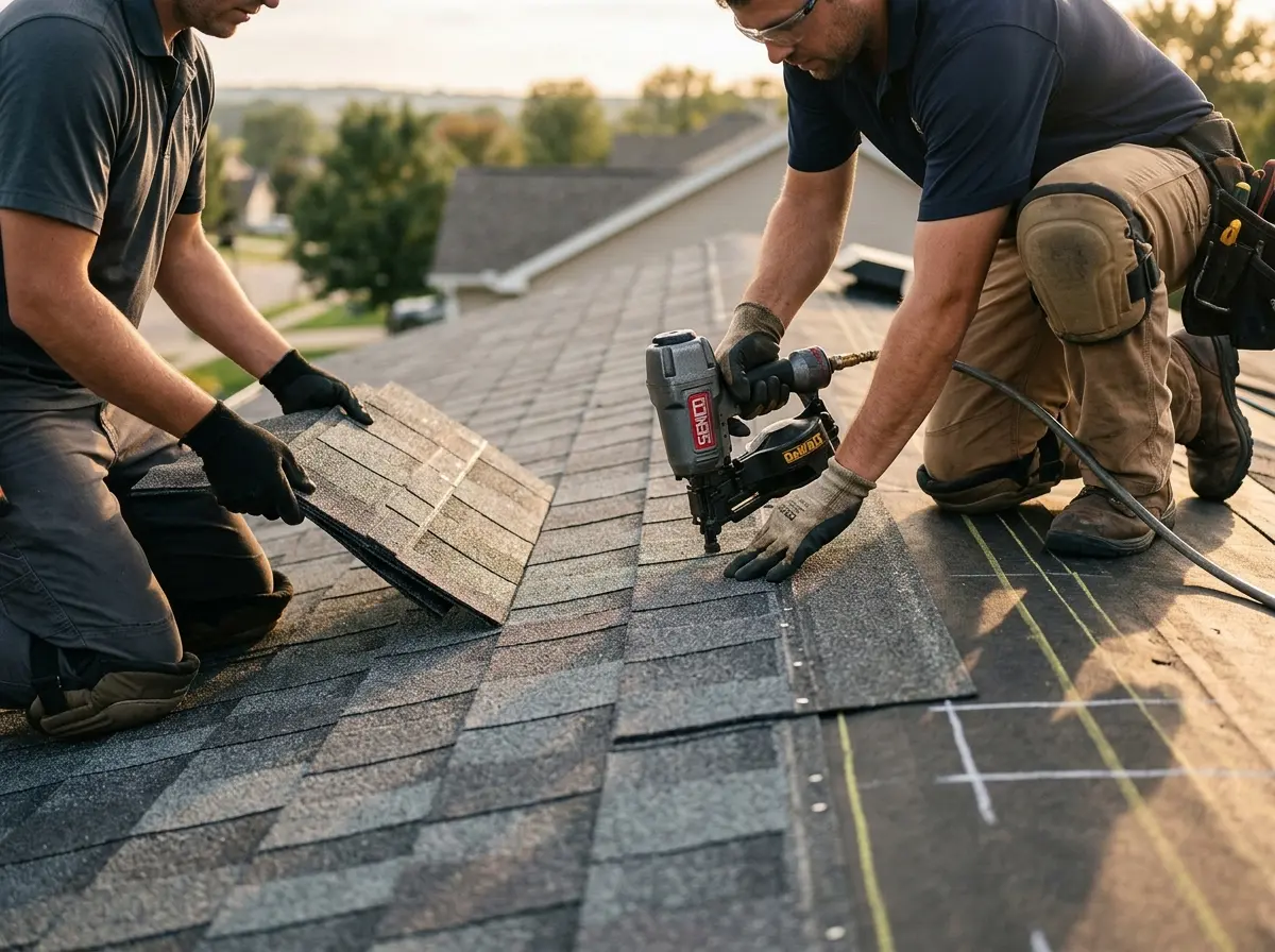 Professional roofer working on a residential roof in Mechanicsburg
